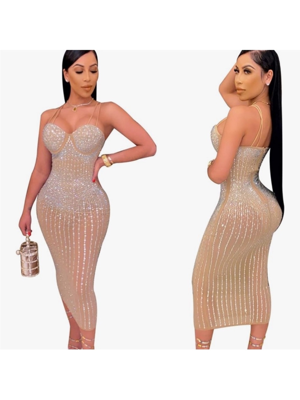 Beaded‎ Nude Illusion Bodycon Midi Dress